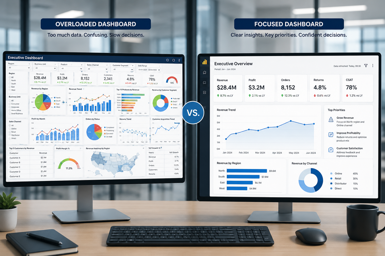 Comparison between a cluttered business intelligence dashboard and a clean, decision-focused dashboard.